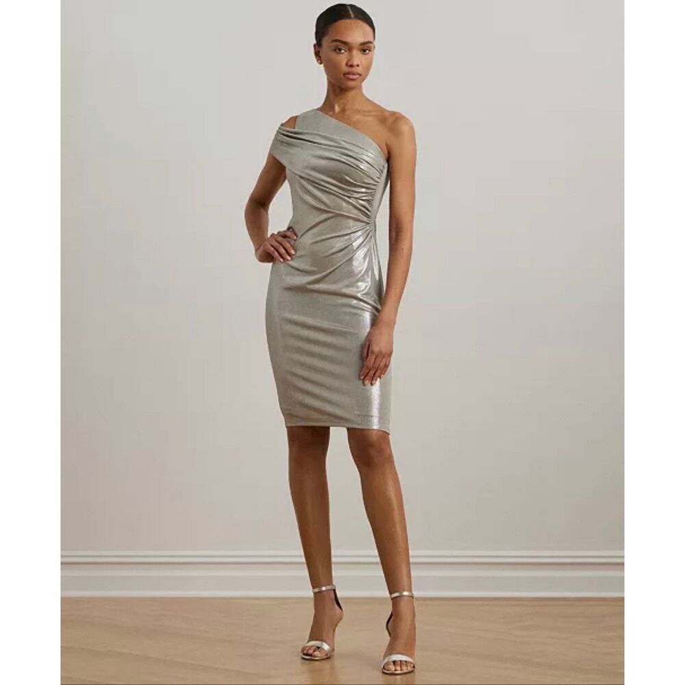 Lauren Ralph Lauren Metallic One-Shoulder Cocktail Dress Nickel/Silver 14